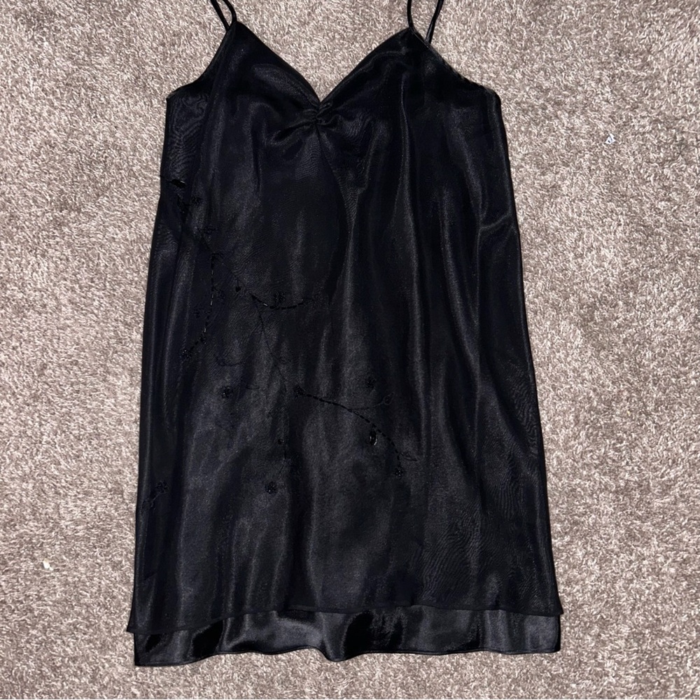 vintage black slip dress with beaded details